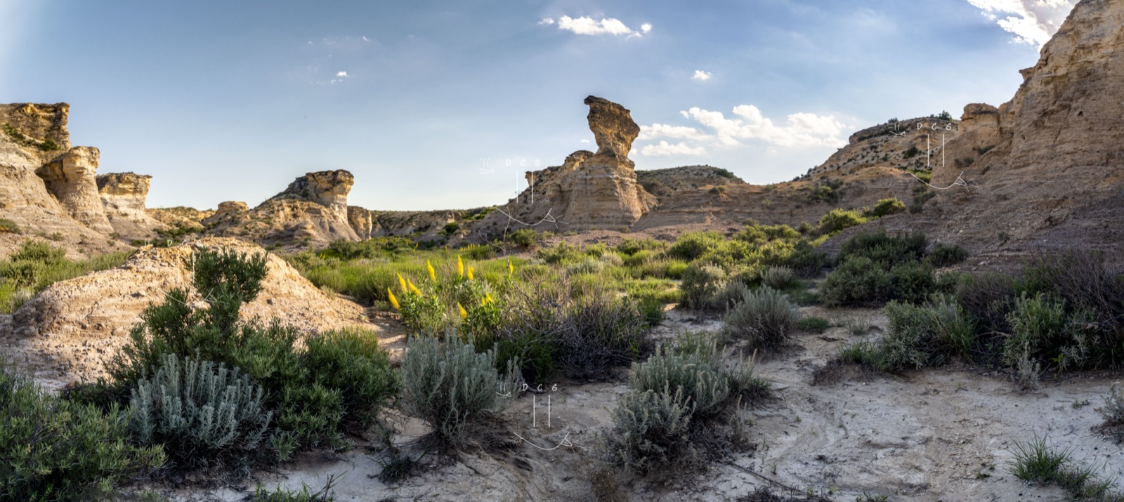 Chalk monoliths under broad daytime sky panorama